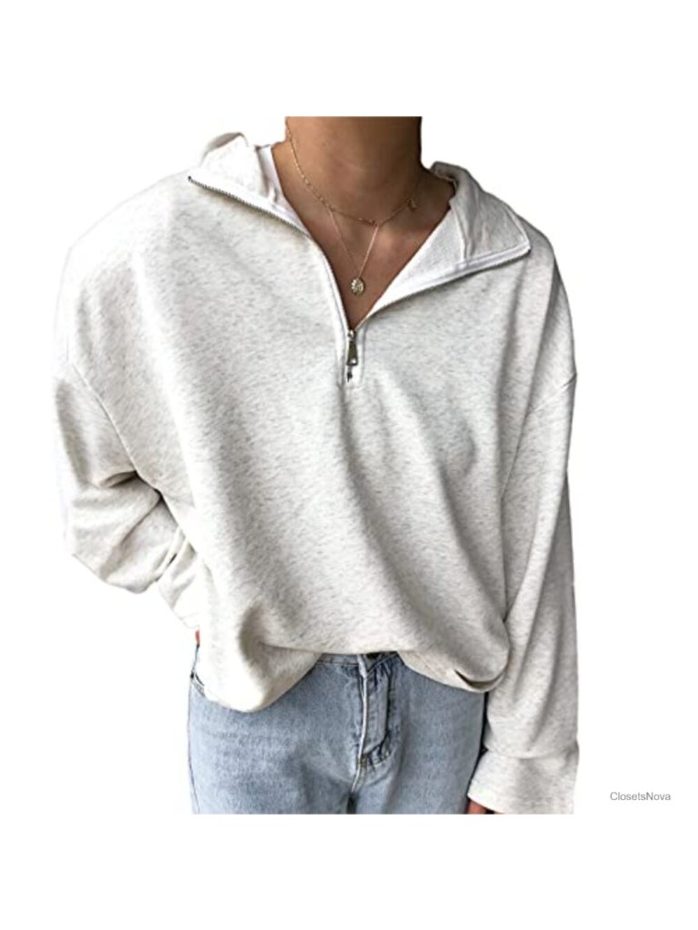 Oversized Half Zip Cropped Sweatshirt Cotton Blend Long Sleeve Pullover